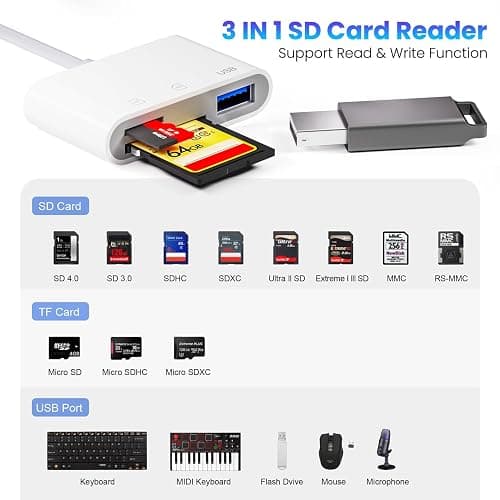 USB C to SD Card Reader for iPhone 15/16/17, Dual Connector (Lightning&USB-C) Lightning SD Card Reader for iPhone USB Adapter OTG Type C Memory Card Reader, Camera Viewer for iPhone 14/13/8/7 thumbnail 3
