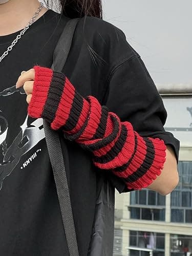 Y2k Striped Arm Warmers Long Fingerless Knitted Gloves Punk Gothic Alt Emo Scene Cool Winter Arm Sleeves Grunge Accessories thumbnail 6