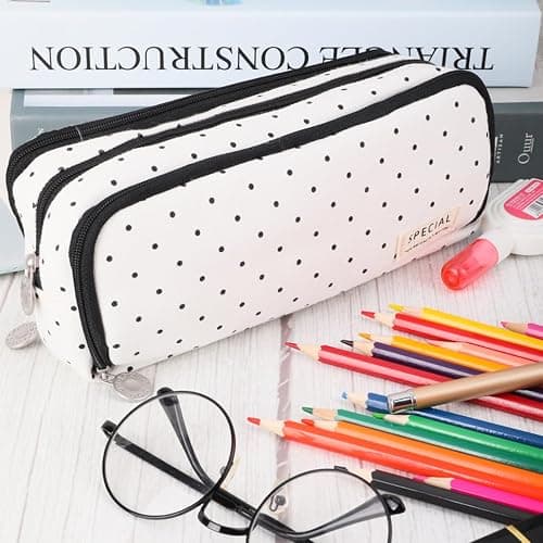 KyeeaDIY Large Pencil Case, Big Capacity Makeup Bag with Zipper for Adults Office Organizer Gifts (Black Spot) thumbnail 5