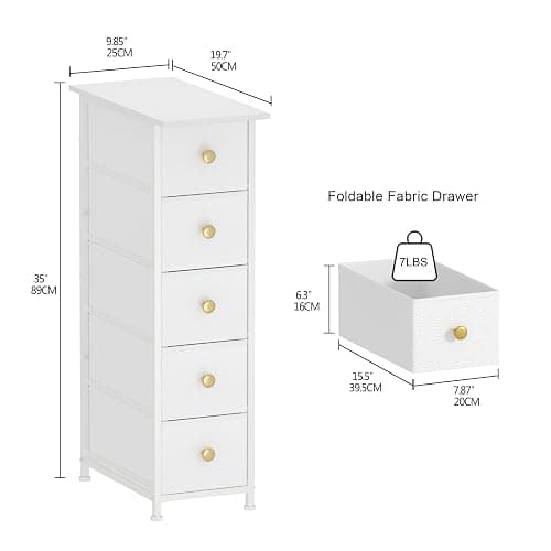 GiftGo Narrow Dresser Cabinet Vertical Slim Dresser Chest of Drawers Skinny Storage Tower for Small Spaces Gaps Closet Bedroom Bathroom Small Fabric Drawer Unit (White, 5 Drawers) thumbnail 3