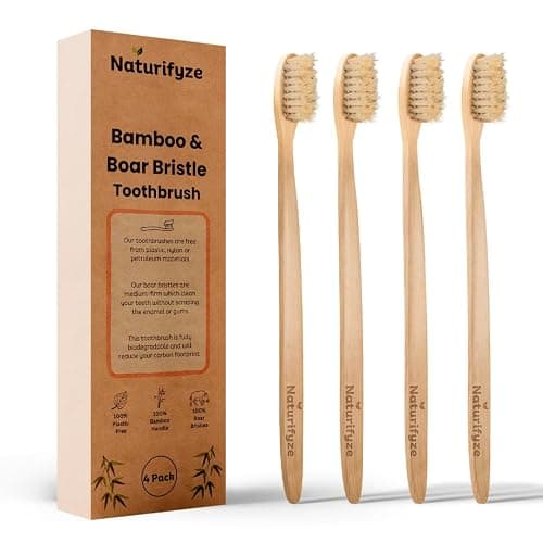 Naturifyze Boar Bristle & Bamboo Toothbrush (4 Pack) - Authentic Boar Bristles - Biodegradable - Plastic Free - Bamboo & Boar Bristle - Image 1