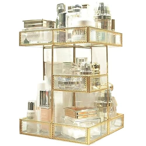 4-Tier Golden 360 Degree Rotation Cosmetic Organizer -Premium Spinning Perfume Tray,Large Capacity Beauty Display for Countertop,Vanity or Bathroom Dorm Room-Tempered Glass&Sturdy Metal - Image 1
