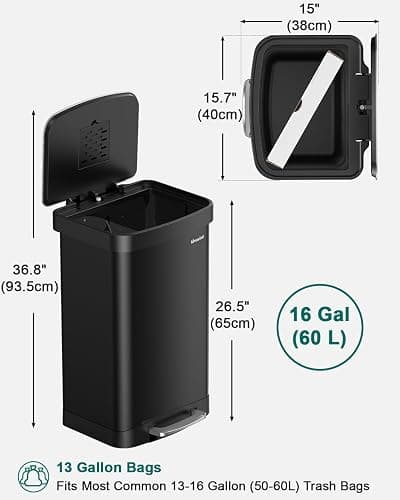 Lovewind Kitchen Trash Can, 16 Gallon Stainless Steel Garbage Can with Soft-Close Lid, Large Metal Trash Bin with Removable Fluid Tray, Indoor & Outdoor Waste Container for Kitchen Office, Black thumbnail 8