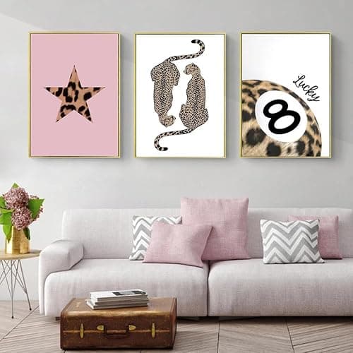 Set of 3 Preppy Cheetah Wall Art Trendy Pink Leopard Canvas Prints Star Lucky 8 Ball Posters Aesthetic Wall Decor Pictures for Girly Bedroom Apartment Dorm Unframed 12x16in thumbnail 2
