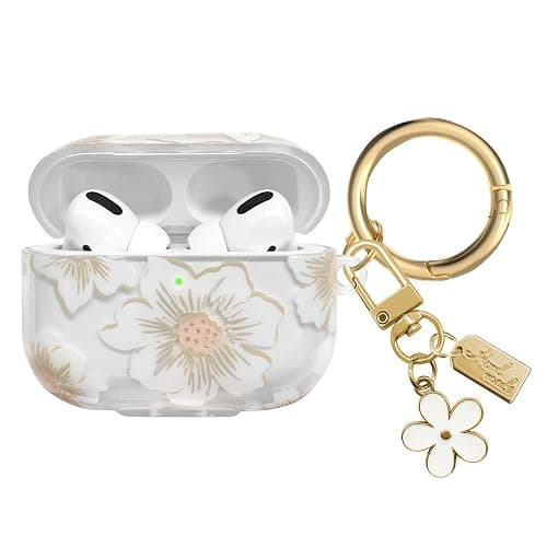 AIIEKZ Compatible with AirPods Pro Case Cover 2019, Soft TPU Case with Cute Flower Pattern for AirPods Pro 1st Generation Case with Flower Keychain and Carabiner for Girls Women (White) - Image 1