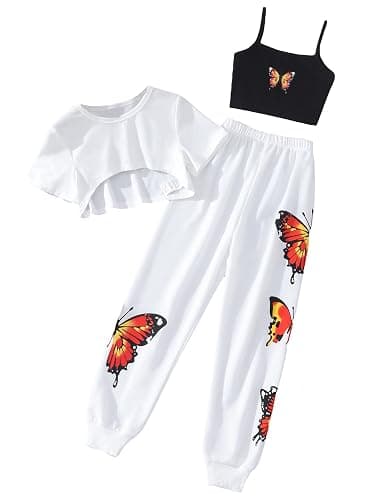 SOLY HUX Girl's Butterfly Print Cami Tops & High Low Hem Short Sleeve T Shirt with Sweatpants 3 Piece - 10 Years - White Butterfly - Image 1