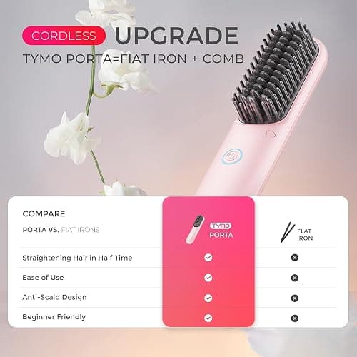 TYMO Cordless Hair Straightener Brush - Porta PRO Portable Straightening Brush for Travel, Mini Ionic Hot Comb Straightener for Women, Lightweight on-The-go, Cordless and Fast Charger Dual Power thumbnail 3