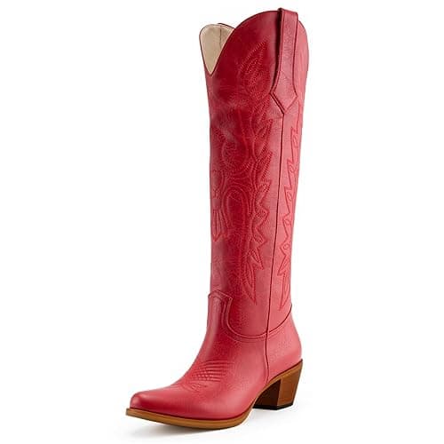 Gradinery Womens Cowboy Boots Fashion Knee High Boots With Classic Embroidery Chunky Heels Western Style - 9 - Red Embroidered 2