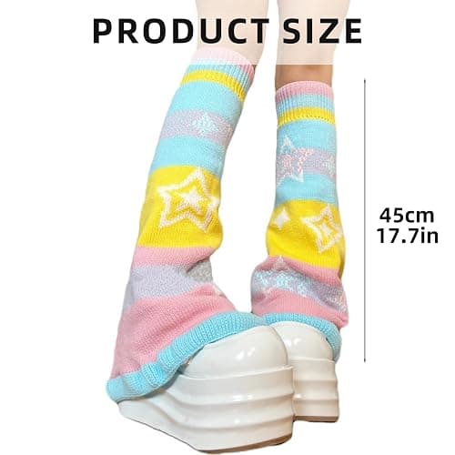 LIURONGNI Candy Color Rainbow Reversible Flared Leg Warmers with Sweet Star Pattern for Women Aesthetic Knitted Foot Covers Socks thumbnail 5