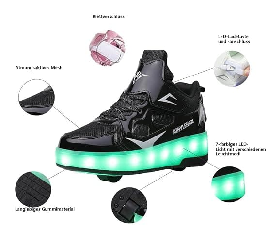 HUSKSWARE Kids Shoes with Wheels – 2-Wheel Roller Trainers for Boys Girls, LED Light-Up USB Rechargeable Retractable Sneakers, Outdoor Sports Skating Shoes EU 27-40 Black Pink Gold Silver White thumbnail 3