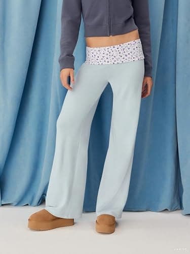 Yoawdats Fold Over Yoga Pants for Women Wide Leg Sweatpants Low Rise Flare Lounge Pant Bell Bottoms Y2K Foldover Pants thumbnail 6