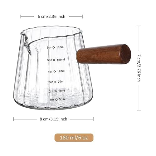 Joeyan 6 oz Glass Measuring Cups with Spout,Borosilicate Glass Triple Pitcher with Scale,Origami Style Espresso Shot Glasses with Wood Handle for Coffee Milk,Dishwasher Safe thumbnail 3