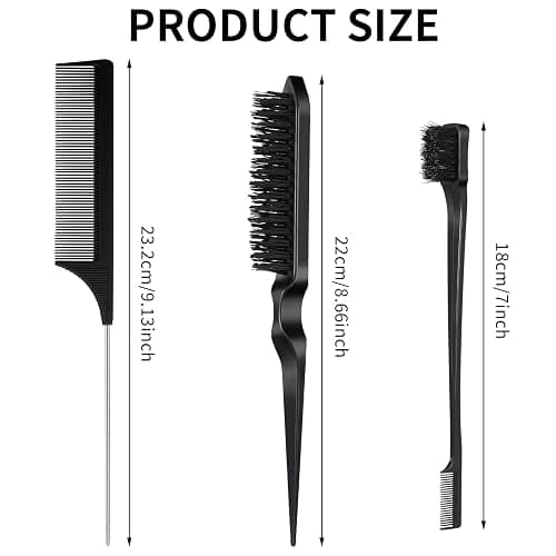 AUXSOUL 3 pezzi Spazzola Pettini per Styling Capelli, Professionale a Doppio Bordo, con Spazzola, per Bordi a Coda Topo, per salone parrucchieri(nero) thumbnail 2