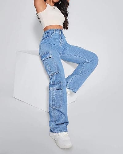 Flvsun Women's High Waist Baggy Cargo Jeans Flap Pocket Y2K Streetwear Wide Leg Denim Pants thumbnail 7