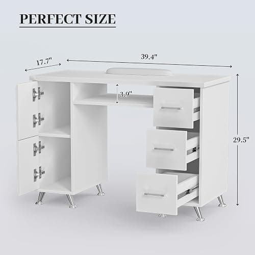 White Nail Desk for Nail Tech,Acetone-Resistant Manicure Table Nail Tech Desk with Drawers Nail Tech Table Station Storage Cabinet, Open Drawer, Wrist Pad, Metal Legs, for Beauty, Salon, Spa Makeup thumbnail 3