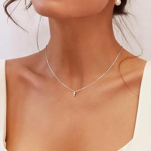 Easter Basket Stuffer Cross Necklace for Women Girls, Dainty 14K Gold Silver Plated Cross Choker Jewelry Non Tarnish Waterproof Cute Simple Small Necklace Christian Baptism Religious Faith Jewelry Gifts thumbnail 3
