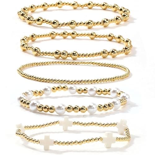 SHINUS BOHO 5Pcs Gold Plated Cross Beaded Bracelets Stack Set for Women,Stretch Stackable Boho Colorful Beads Ball Jewelry Friendship Summer Daily Wear Trendy - Image 1
