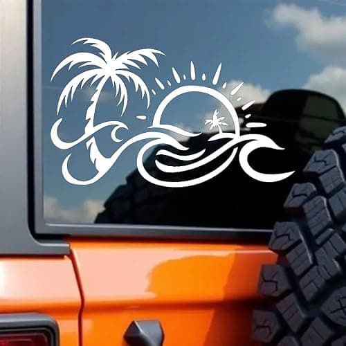 ZUKHL 2pcs 6.69"x3.94" Palm Tree and Sun Wave Vinyl Decal - Tropical Beach Design Adhesive Sticker for Car, Laptop, and Truck Decoration, Durable Car Sticker #2BZ309 - Image 1