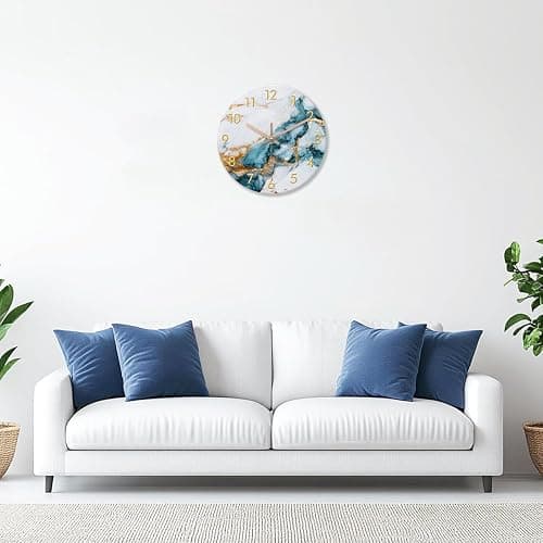 RONGKEJIAJU Blue Gold Marble Wall Clock 12 Inch Modern Glass Silent | Battery Operated Non Ticking Round Analog Abstract Fluid Art Decorative for Living Room Kitchen Home Office Bedroom thumbnail 3