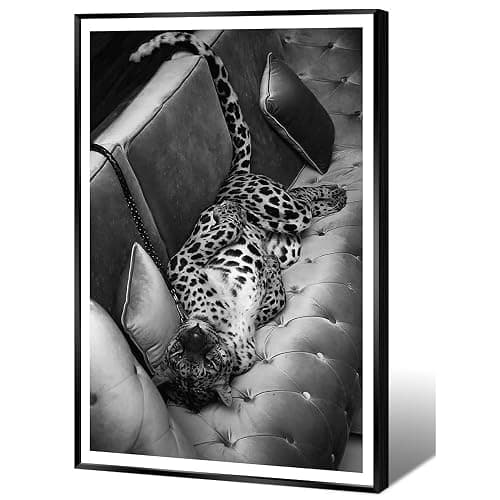 Maximalist Cheetah Posters Funky Panther on The Sofa Wall Art Fashion Black and White Decor Trendy Leopard Print Canvas Vintage Animal Artwork for Dorm Living Room Batchroom 12x16in Metal Black Frame - Image 1