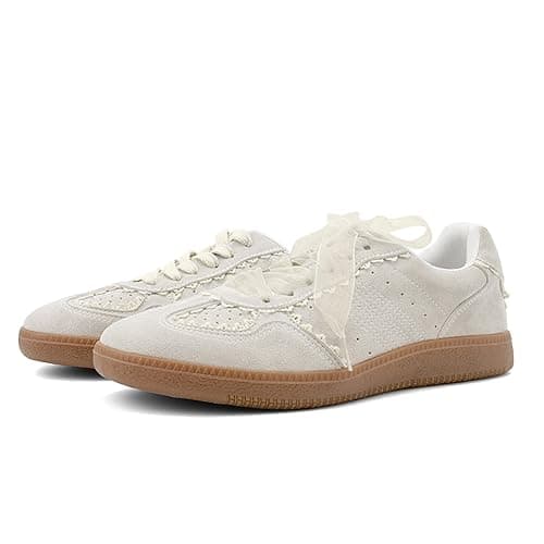 UBWDU Lace Fashion Ballet Sneakers for Women 2025 – Trendy Cute Crochet Ribbon Lace-Up Casual Spring Shoes - 8.5 - Beige thumbnail 4
