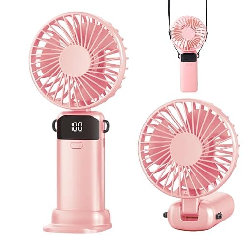 Jumkeet Handheld Fan, Mini Portable Foldable Fan with USB Rechargeable Battery 2600mAh, 5 Speeds Battery Operated Desk Desktop Fan with LED Display & Base for Home Office School Travel Outdoor (Pink) - Image 1