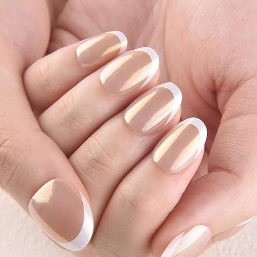 evpct Nude White French Tip Chrome Glazed Press on Nails Short Round Oval | No Glue, Women Manicure with Kit, Soft Reusable, Perfectly Fit, Acrylic Fake Nail, Salon-quality, Full Cover, Daily Wear thumbnail 3