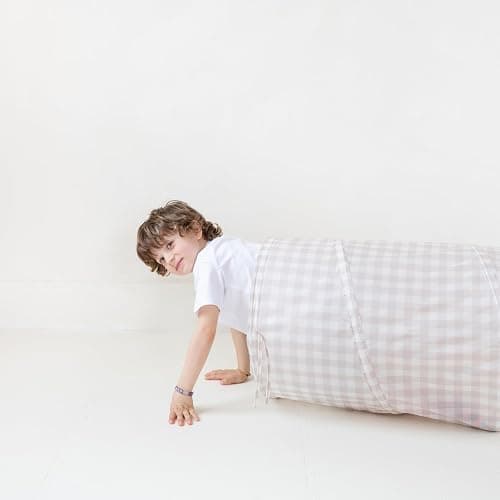 3 Sprouts Kids Play Tunnel - Pop Up Collapsible Tunnels with Recycled Fabric - Fun Crawling Tunnel for Children to Crawl Through, Gross Motor Toy for Indoor Play - Gingham Beige thumbnail 2