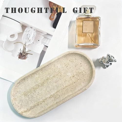 100% Natural Travertine Stone Tray for Perfume, Jewelry, Candle & Trinket Holder – Light Beige Stone Vanity Organizer for Bathroom, Coffee Table, or Living Room, 10"x5", Non-Resin/Ceramic thumbnail 6
