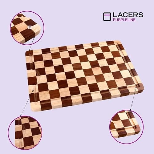 Lacers PurpleLine - Schneidebrett Holz mit Saftrille, Schachmuster Gummibaumholz, Antirutsch-Füße, Küchenbrett 255x385x20mm - Robust & Umweltfreundlich, Perfekt für Fleisch, Gemüse & Brot thumbnail 4