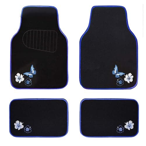 CAR PASS Universal Fit Embroidery Butterfly and Flower Car Floor Mats, Blue Car Floor Mats Fit 95% Automotive,SUVS,Sedan,Vans,for Women,Girly,Set of 4 (Black with Blue) - Image 1