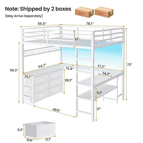 ADORNEVE Loft Bed Full Size with U-Shaped Desk, 6 Storage Drawers, Power Outlet, LED Metal Loft Bed with 2 Storage Shelves, Bed with Safety Guardrail & Ladders,Space-Saving,White thumbnail 2