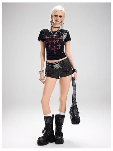 WDIRARA Women's Fuzzy Low Rise Denim Shorts Lace Up Vintage Mini Jean Shorts Streetwear thumbnail 6