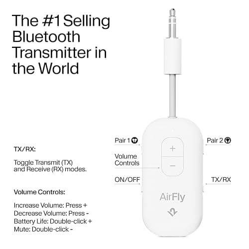 AirFly Pro 2 – Bluetooth Adapter, Pair 2 AirPods or Wireless Headphones – 3.5mm AUX Bluetooth Transmitter and Receiver for Cars, Boats, Treadmills, TVs & More – Travel Essentials,White thumbnail 3