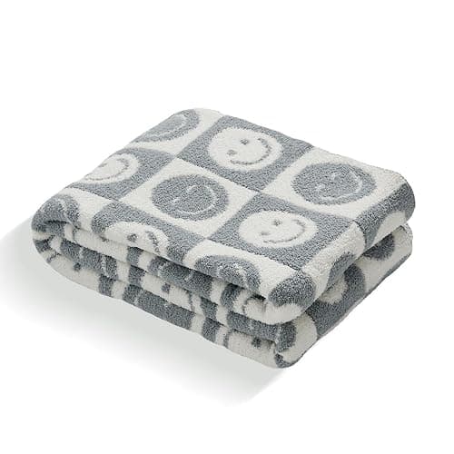 Throw Blankets with Smiley Faces Checkered Reversible Soft Cozy Warm Baby Blanket for Bed Sofa Travel (Grid Smile,Slate Gray,51"x63") - Image 1