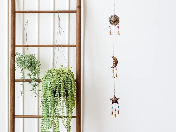 Mie Creations Sun Moon Star Face Wall Hanging Décor Chime Bells | Metal Cutouts Ornaments, Crescent Moon Phases Garland Art | Celestial, Earthy Decorations | Wicca Pagan Christmas Décor -Antique Gold thumbnail 2