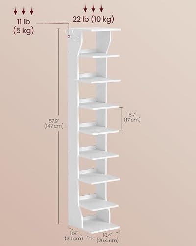VASAGLE Slim Shoe Rack, Narrow Shoe Storage Organiser, 9-Tier Shoe Stand, for Small Spaces, Hallway, Cloakroom, Matte White LBS210WB01 thumbnail 3