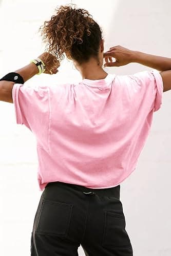 Women's Oversize Workout Crop Tops Casual Short Sleeve Drop Shoulder Boxy T-Shirts Roll Hem Basic Loose Yoga Running Tees thumbnail 3