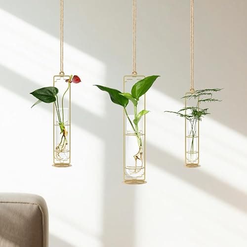 MIPON Plant Propagation Stations,Hanging Glass Propagation Test Tube Vases for Plants with Gold Metal Stand for Hydroponic Cutting Home Garden Office Decor-Gold - Gold thumbnail 2