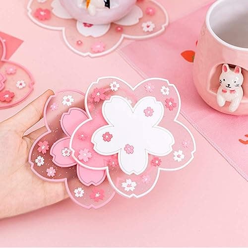 Sakura Coasters Set of 4 Kawaii Cup Mat Anti-Skid Pot Bowl Pad Placemats PVC Cherry Blossom Coaster for Drinks Coffee Table Cute Room Home Kitchen Decor Kawaii Desk Accessories(4.3in) - Small 4pcs thumbnail 4