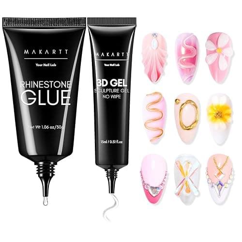 Makartt Rhinestone Glue for Nails with 3D Gel Nail Art Kit DIY Home Use | UV/LED Cured, 15ml Drawing Gel, Molding Gel, 30ML Gem Glue for Nail Charm, Embossed Designs, Rub Chrome Powder - Image 1