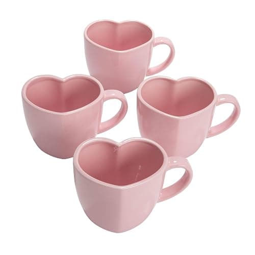 Paris Hilton Heart Shaped Ceramic Mug Set, Chic Stoneware Coffee Mugs for Coffee, Tea, Hot Cocoa, Microwave and Dishwasher Safe, 4-Piece, 14-Ounce, Pink - Image 1