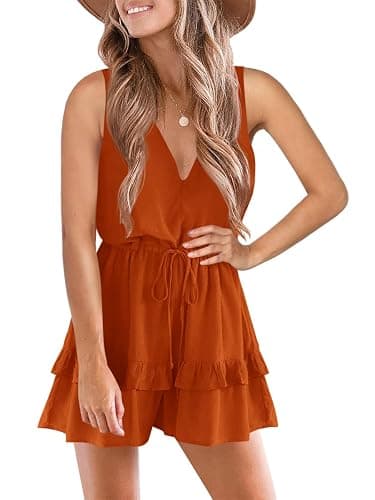 Valphsio Womens V Neck Beach Tank Rompers Flowy Ruffle Layered Shorts Jumpsuit High Waist - Image 1