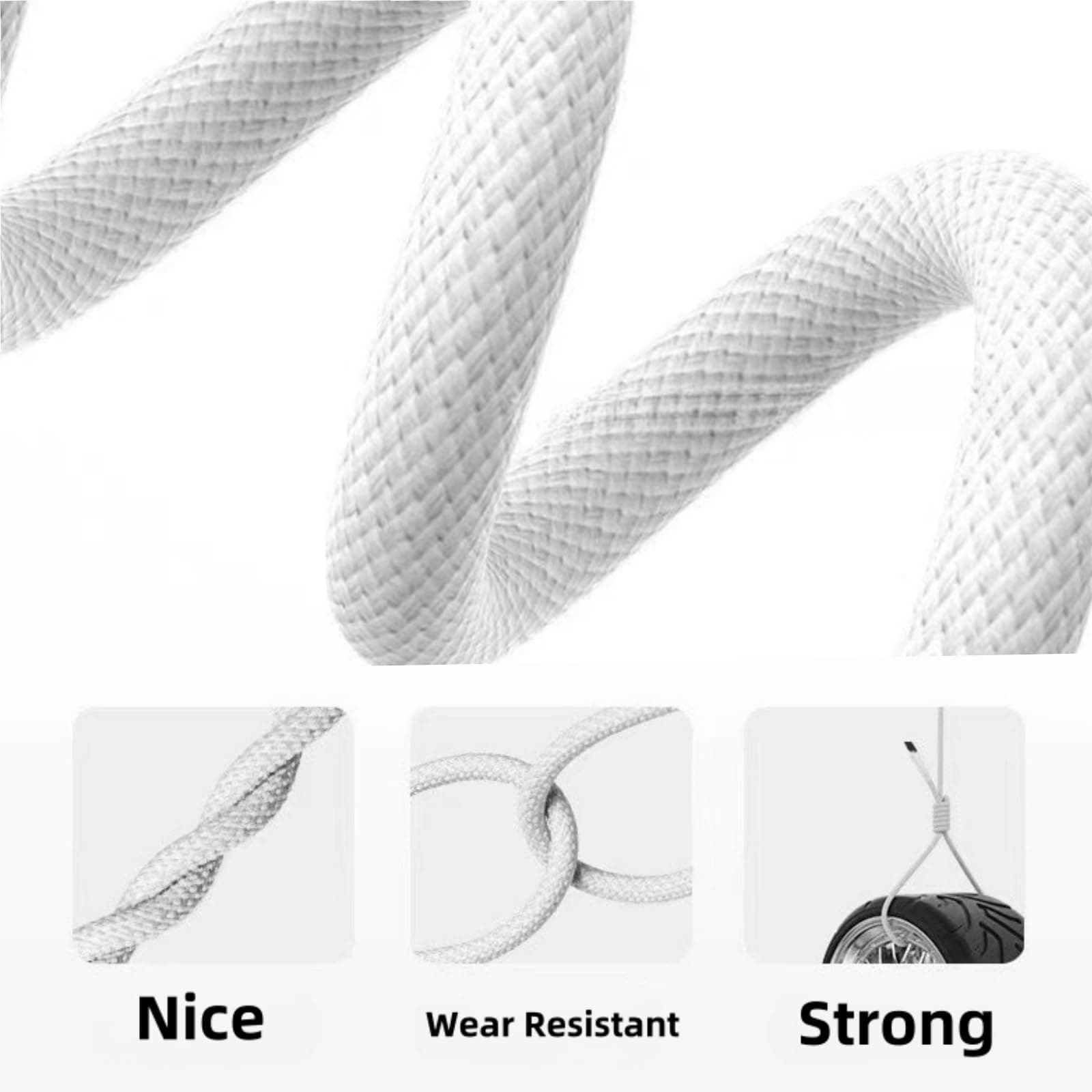 Multi USB A Car Charging Cable - 1M Braided 3 in 1 Fast Cord，66W USB A to USB C,IP Port and Android Port Compatible with Most Cell Phones,iPad Pro,Air5,MacBook and More - White thumbnail 5