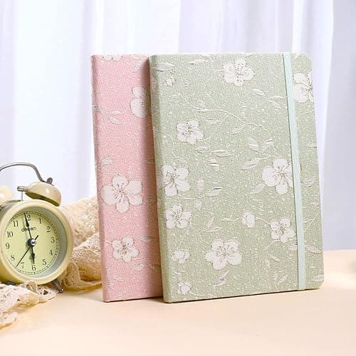 ipoul A5 Notebook, Ruled Paper, Lined Page, Hardcover, Layflat, Linen Cover, Flower Fabric, Journal for Women, Elastic Band Closure, Cute Notebooks for School, Office, Personal Writing, Green thumbnail 7