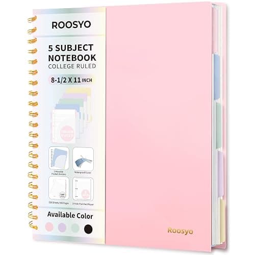 Aesthetic 5-Subject Notebook College Ruled with 5 Movable Tab Dividers & Pockets, 150 Sheets, 3-Hole Punched, Spiral Notbook, Plastic Cover, Fits 8.5"x11", 68gsm Paper, Includes Writable Stickers – Cute School Journal or Office Supplies, Pink - Image 1