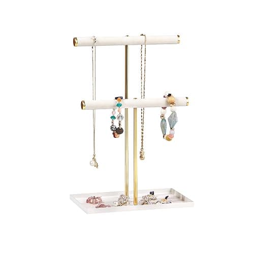 2 Tier Necklace Bracelet Holder Stand, Multi-Use Jewelry Display Organizer with Metal Tray, Velvet T-Bar Metal Necklace Organizer Stand, Jewelry Hanger Tower Rack for Men Women (Gold 12" Tall) thumbnail 4