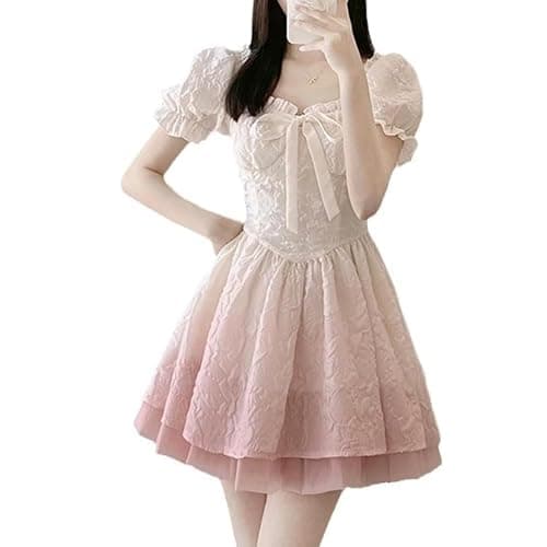QJK Puff Sleeve Dress with Bow Tie Lace Trim and Pleated Skirt - Kawaii Cute Lolita Dress for Women - Image 1