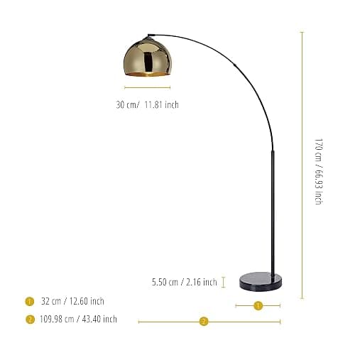 Teamson Home Arquer 66.93" Arc Floor Lamp for Living Rooms, Home Offices, Dining Rooms, Bedrooms with Faux Black Marble Base and Gold Bell Shade thumbnail 3