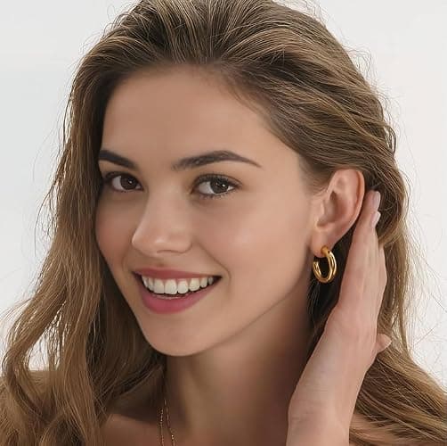 12 Pairs Chunky Gold Hoop Earrings for Women Trendy, Gold Plated Lightweight Hypoallergenic Stack, Thick Open Twisted Huggie Hoops Earring Set - Gold Chunky thumbnail 6